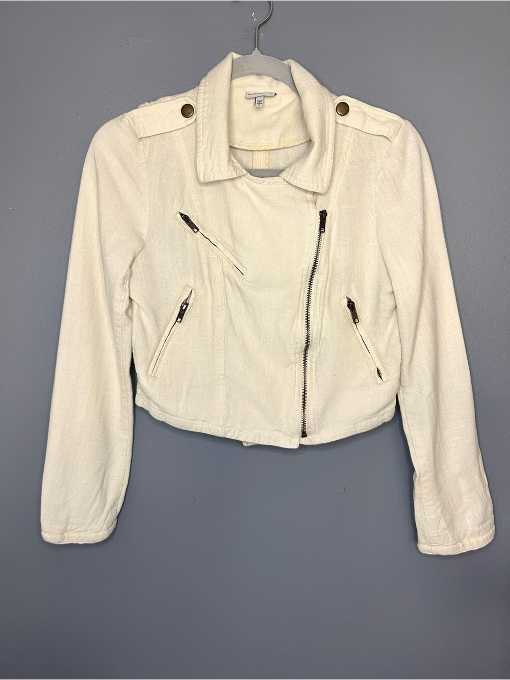 South Moon Under Jacket Womens S Cream Linen Cotton Moto Zip Cropped Summer Cute